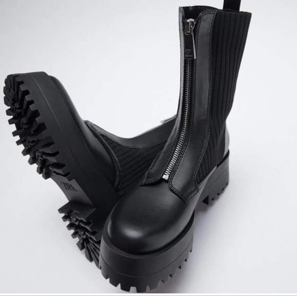 ZARA sz. 40/9 Flat Sock Ankle Boots Zipper Front Booties Combat Chunky Platform - Picture 5 of 15